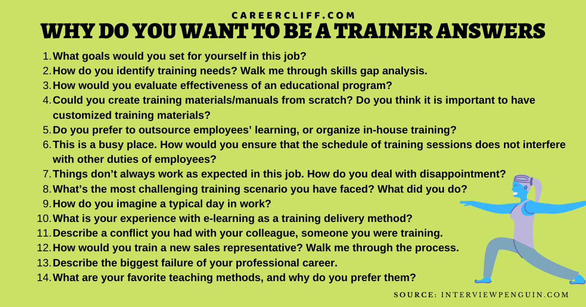 why do you want to be a trainer answers in what ways do you hope to develop yourself by being a trainer why do you want this job best answer examples why do you want to be a corporate trainer trainer interview questions and answers pdf why do you want to become a corporate trainer reason to be a trainer bpo trainer interview questions and answers qualities of a good trainer ✖ People Also Search For Keyword how to become a trainer in bpo why are you interested in training epic trainer interview questions soft skill trainer interview questions corporate training questions training resource interview questions bpo trainer meaning why do you like training qualities of a good trainer trainer interview presentation training specialist interview questions interview questions for training manager trainer interview questions and answers pdf interview questions for a teacher trainer learning and development interview questions health fitness interview questions front desk gym interview questions gym questions and answers personal training philosophy hiring personal trainer questions what to talk about with your personal trainer what methodologies do you use in training? f45 job interview questions the perfect workout video interview why do you want to work at the gym group fitness instructor interview questions training supervisor interview questions interview questions for a training lead trainee hr manager interview questions interview questions for od manager interview questions for training specialist interview questions for training coordinator